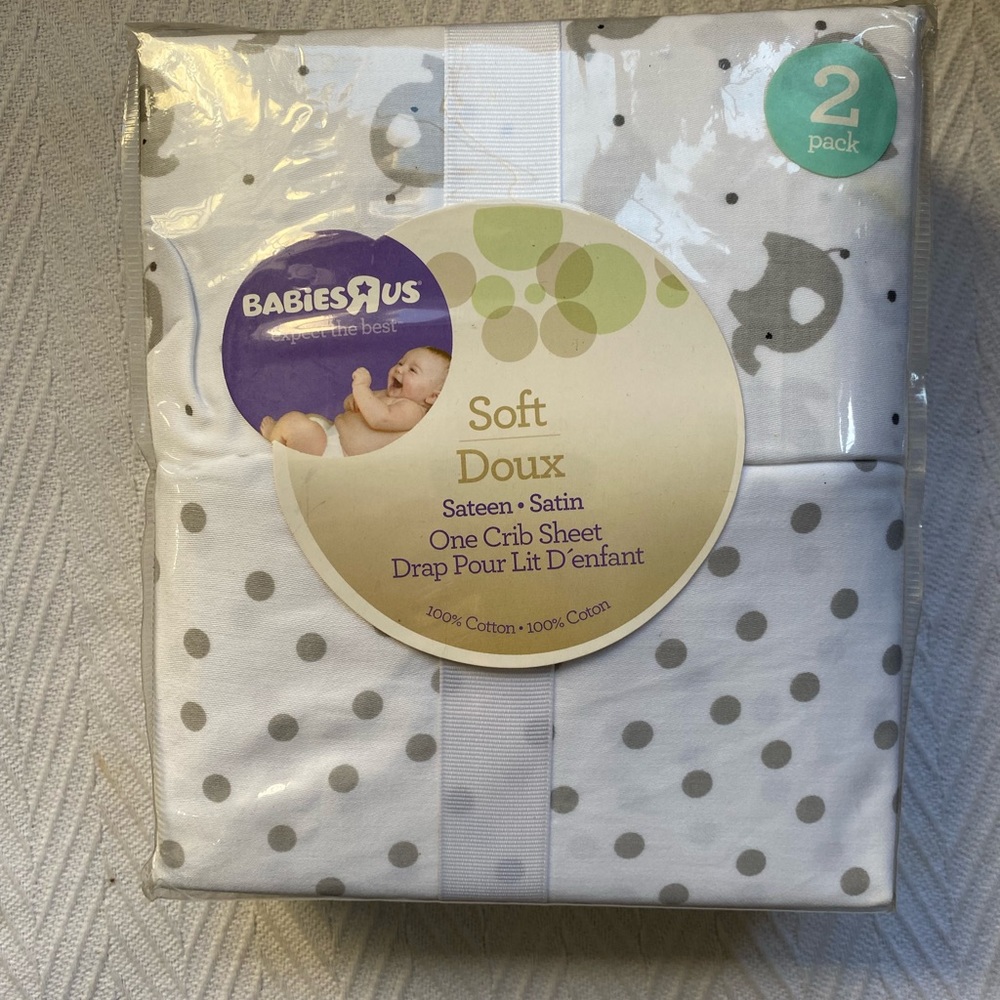 BABIES R US Soft 2 Pack Sateen Satin Grey & White Crib Sheets NEW